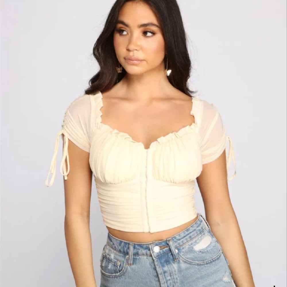 Elegant Beige Ruched Crop Top
